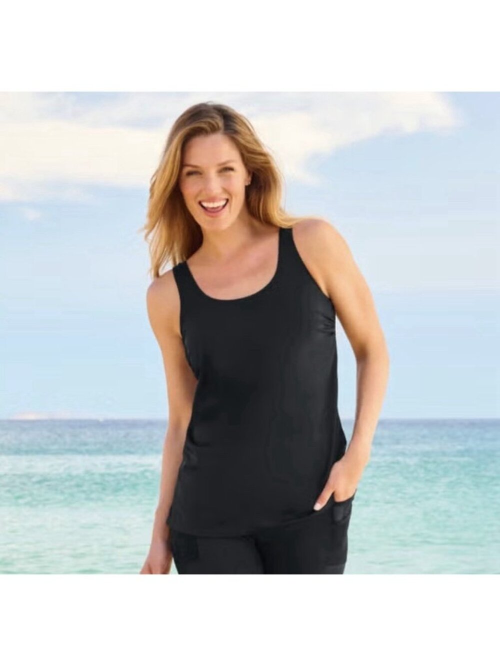 Swimsuits For All Swim 365 Longer Length Scoop Neck Tankini Swim Top Black 34